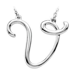 14k White Gold, Olivia Collection, Medium Script Initial V Necklace